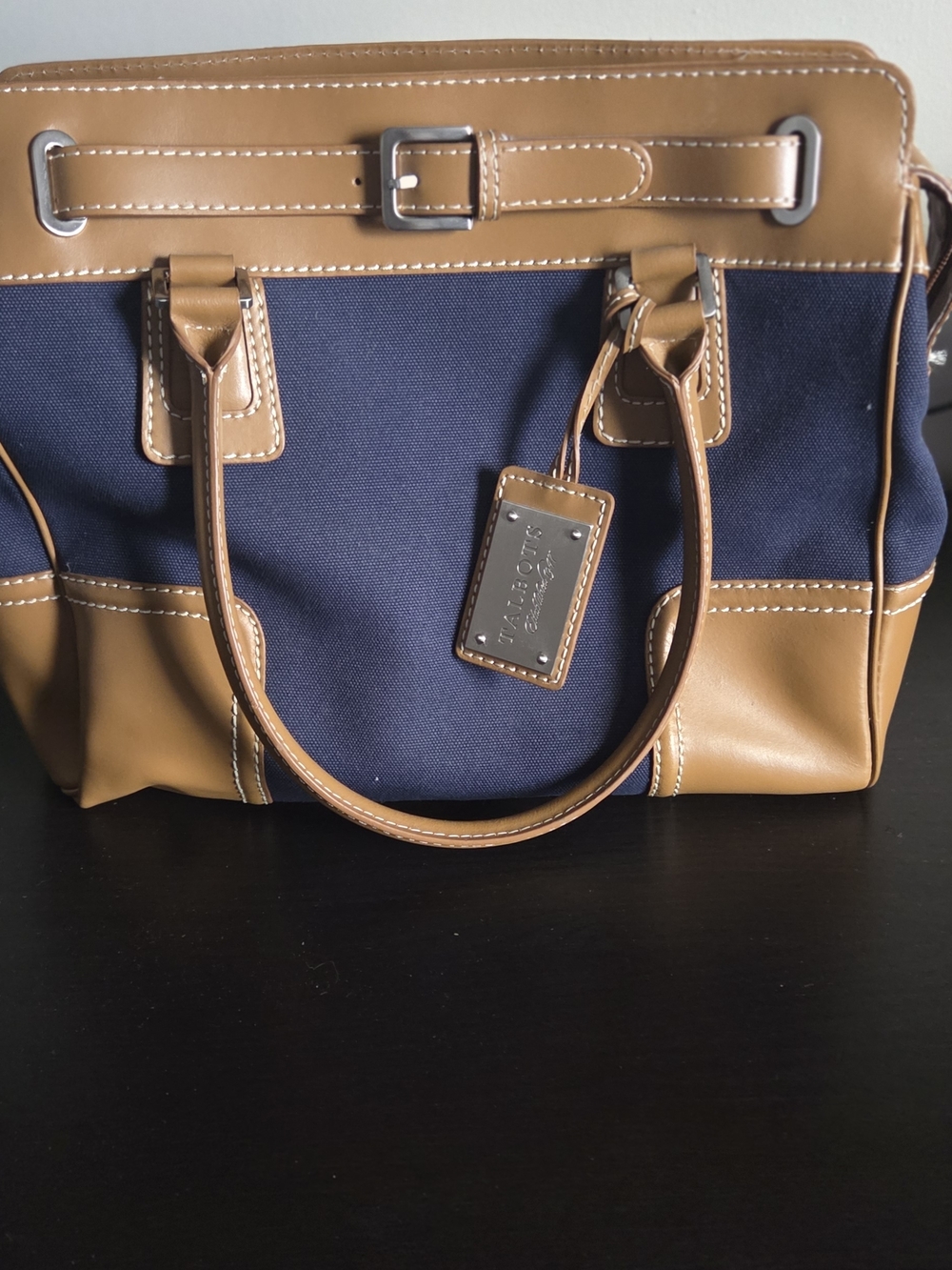 NEW Talbots Navy / Tan Canvas Tote with Leather Trim